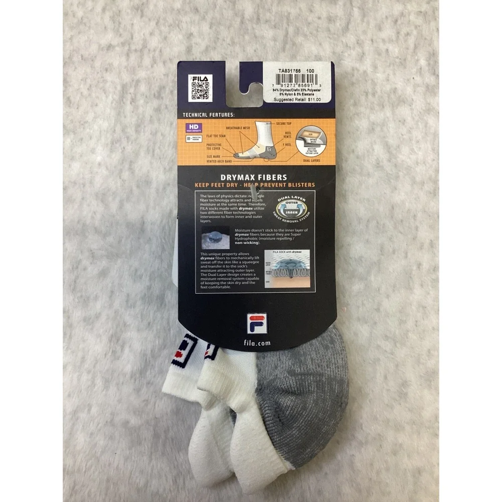 Fila Men 6-8 Super Performance Drymax No Show Tab Tennis Socks White TA831756